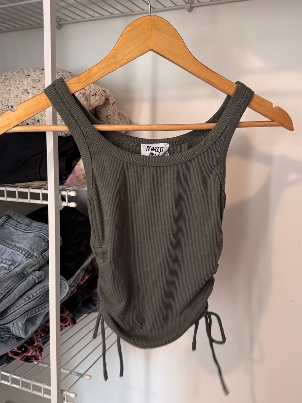 Princess Polly Olive Ribbed Tank with Side Drawstrings